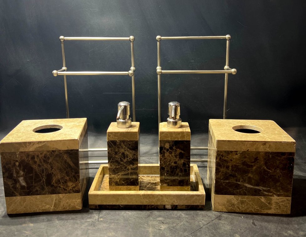 Marble Bathroom Accessories Set with Metal Towel Stands and Dispensers