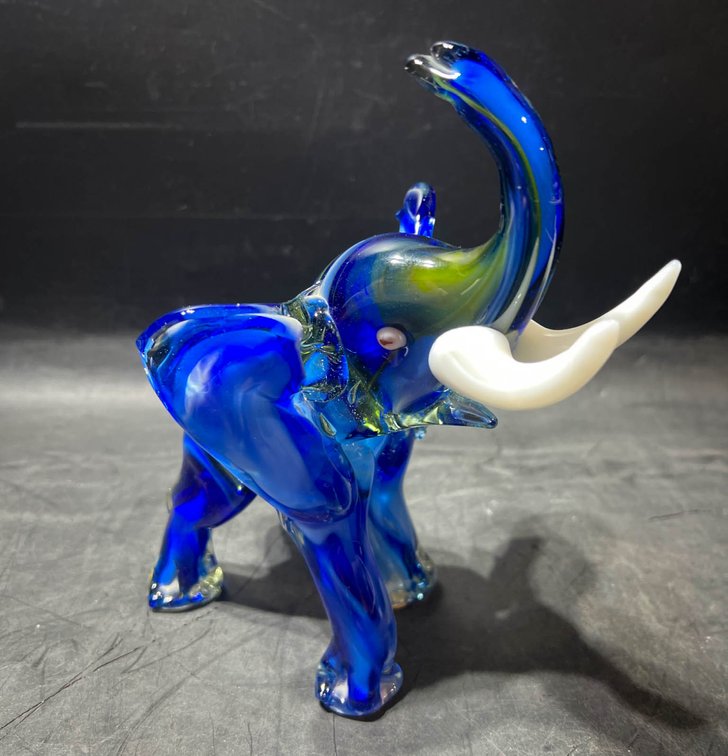 Handcrafted Blue Glass Elephant Figurine with White Tusks