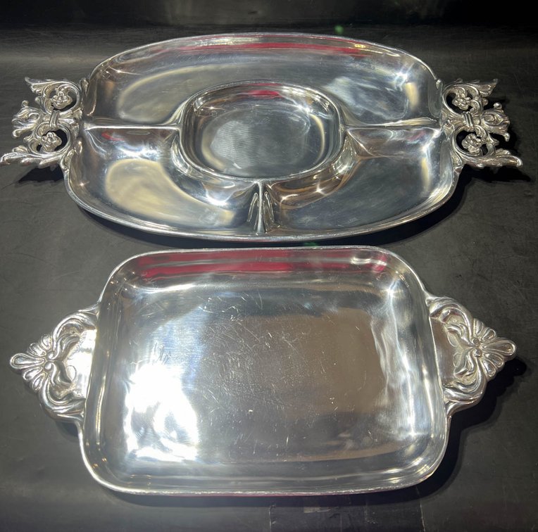 Two Silver-Plated Serving Trays with Decorative Handles