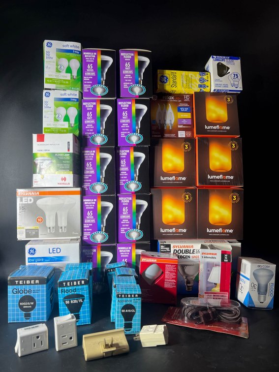 Various Light Bulbs, Flood Lamps, and Electrical Accessories