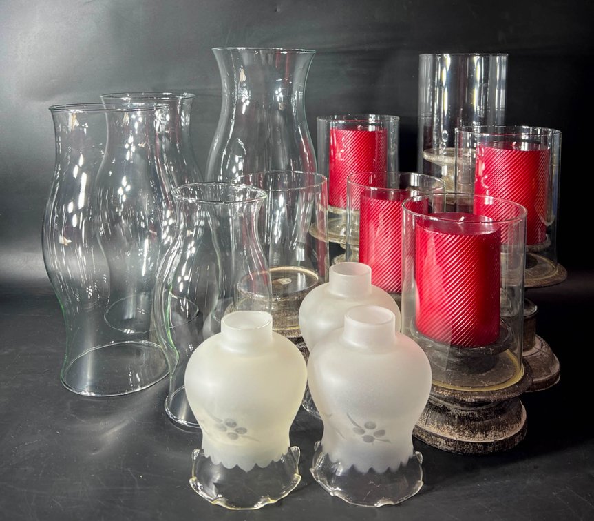 6 Wooden Candle Holders With Glass Chimneys and Frosted Glass Lamp Shades