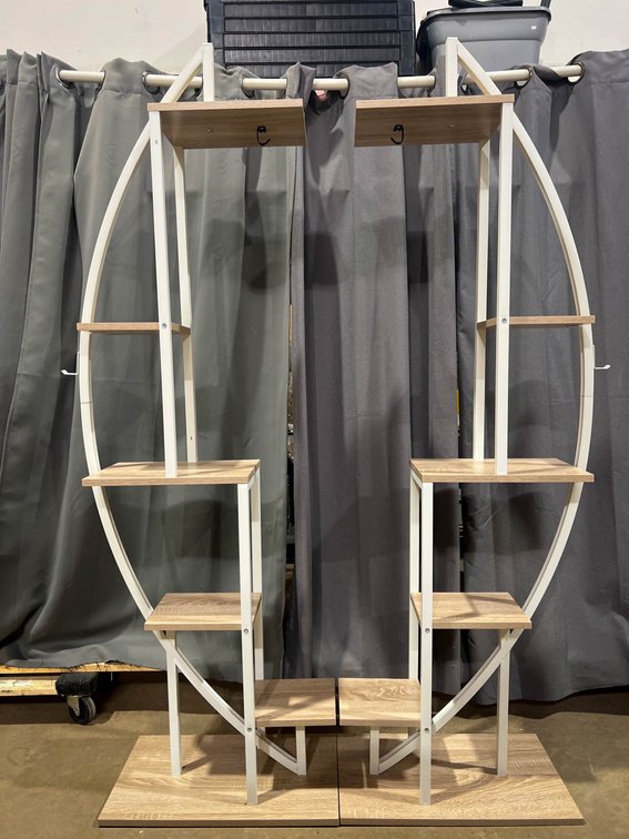 Circular Freestanding Shelving Unit with White Metal Frame and Wood Shelves, 40×64 Inches
