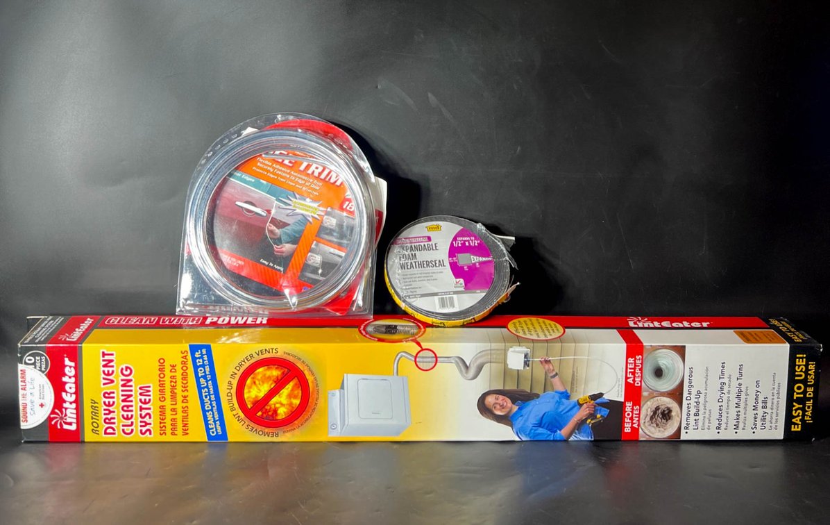LintEater Dryer Vent Cleaning System, 18-Foot Chrome Edge Trim, and Expandable Foam Weatherseal Lot