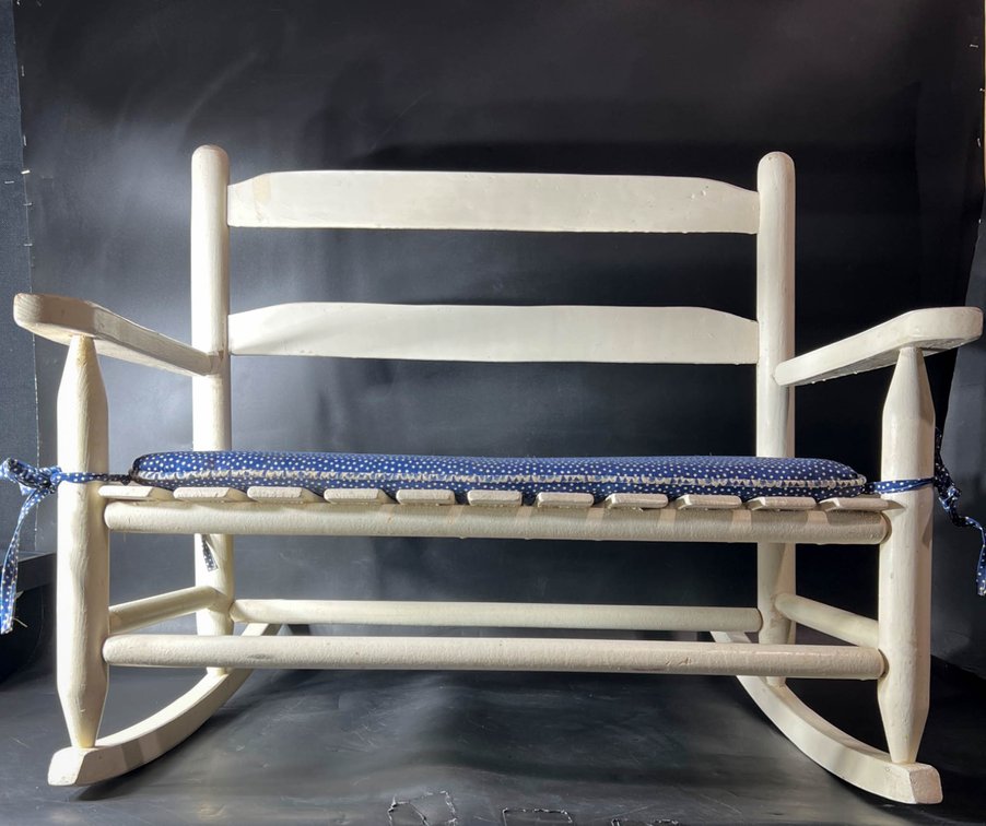 White Painted Wooden Child-Sized Rocking Bench (27×24 Inches) with Blue Cushion