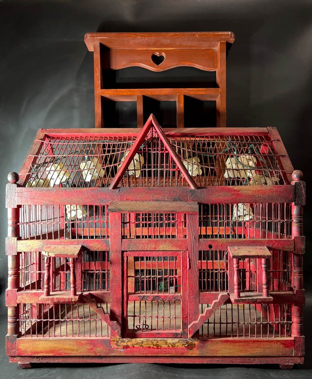 Red Wooden Bird House With Lighting and Shelf