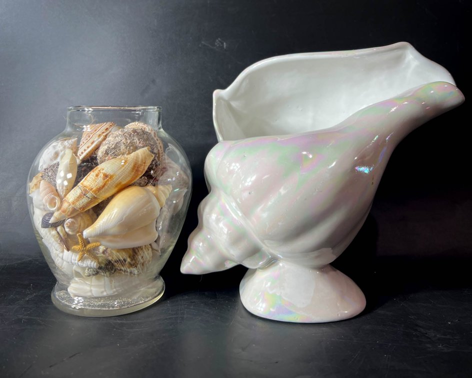Glass Jar with Assorted Sea Shells and Ceramic Iridescent Shell-Shaped Vase