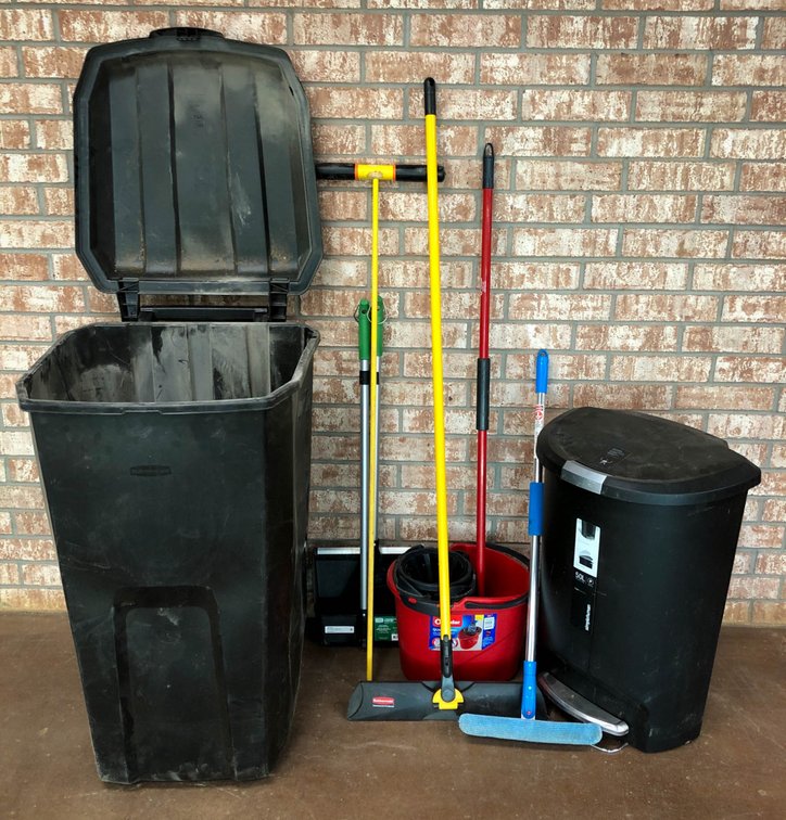 Cleaning Tools and Waste Management Lot with Trash Bins and Mops