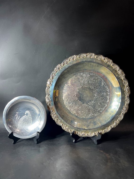 Nambe Etched Aluminum Bowl and Ornate Silverplate Serving Tray