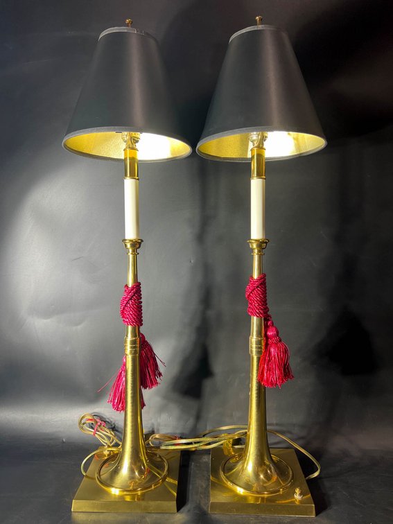 35” Tall Brass Table Lamps with Black Shades and Red Tassels