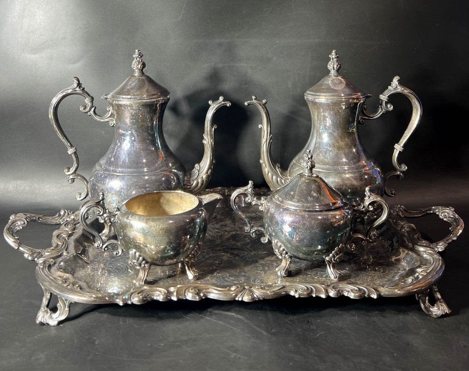 F.B. Rogers Silver Co. 4-Piece Silver-Plated Tea Set with Tray