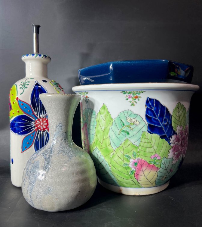 Ceramic and Pottery Items Including Vase, Bottle, Bowl, and Planter