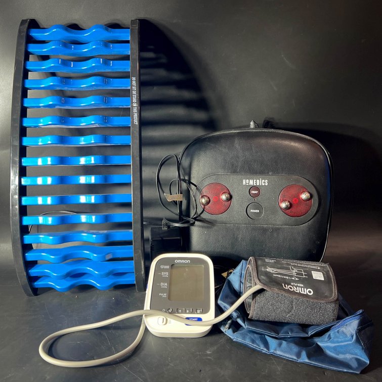 HoMedics Massager, Omron Blood Pressure Monitor, and Back Roller