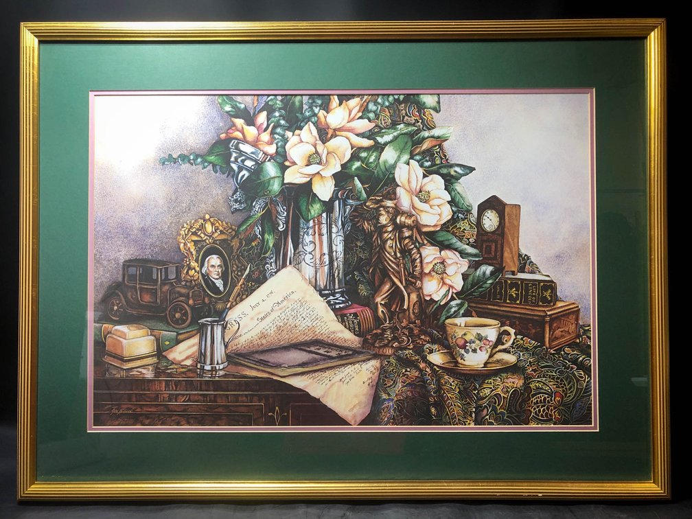 Framed Still Life Print with Gold-Tone Ribbed Frame and Matted Detail