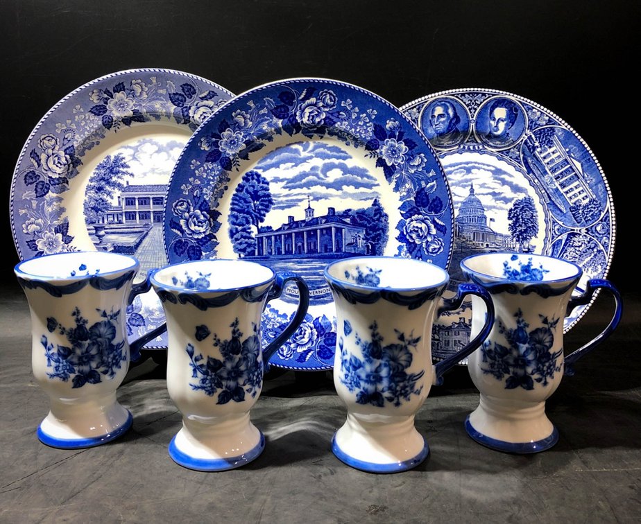 Blue and White Transferware Plates and Mugs Set