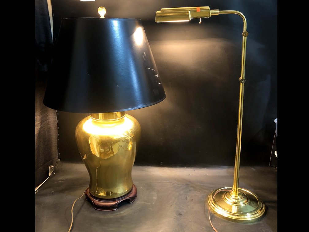 Two Brass Lamps: Table Lamp and Floor Lamp with Black Shadelppp