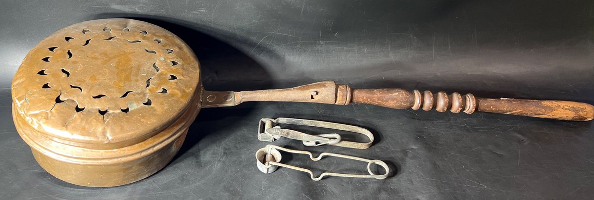 Shurlite Marked Metal Warming Pan and Two Vintage Tools, 11”x37”