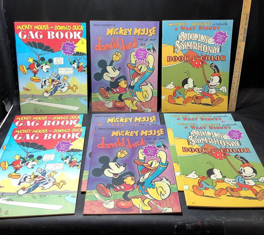 9 Walt Disney Reproduction Books Featuring Mickey Mouse, Donald Duck, and Silly Symphony