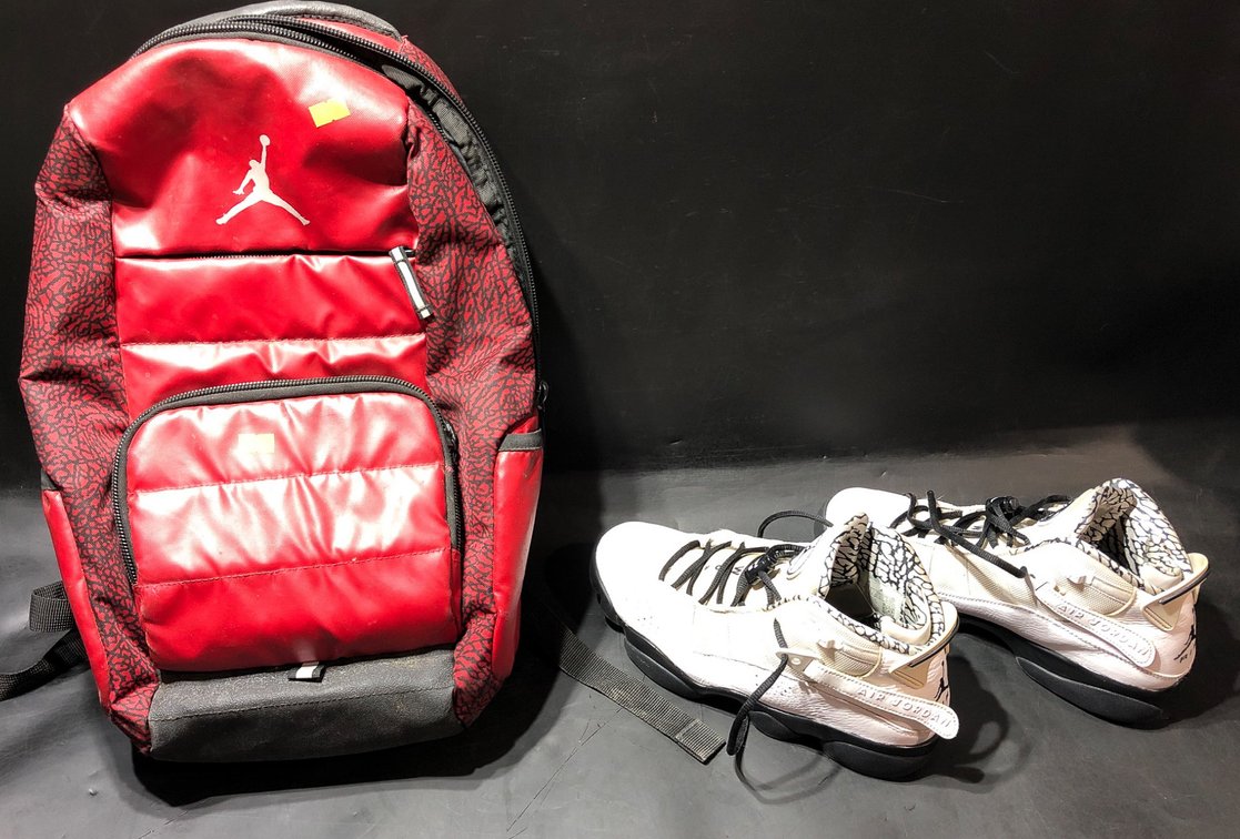Red Jordan Backpack and White Air Jordan Sneakers Set