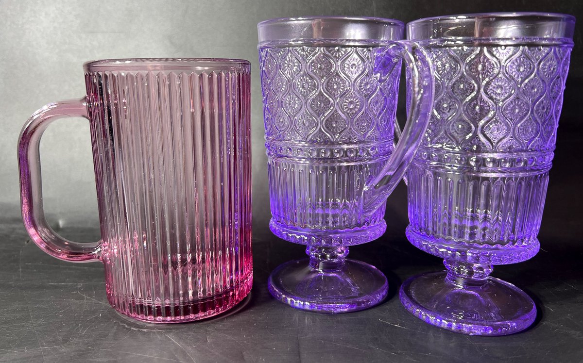 3 Colored Glass Mugs, 2 Violet and 1 Pink with Textured Designs