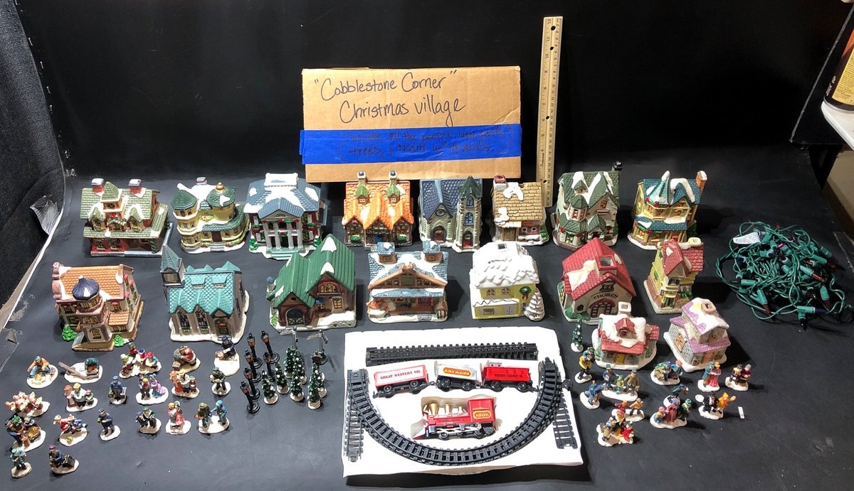 Cobblestone Corner Christmas Village Set with Train, Figures, and Accessories