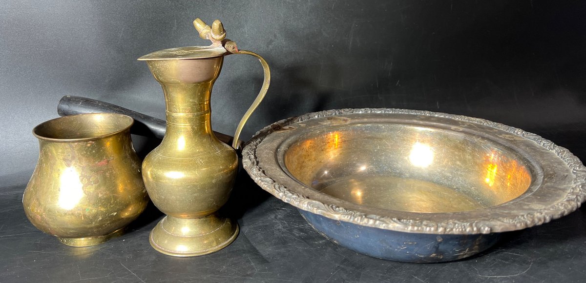 Brass and Metalware Including Two Brass Jugs and G.G.F. International Bowl