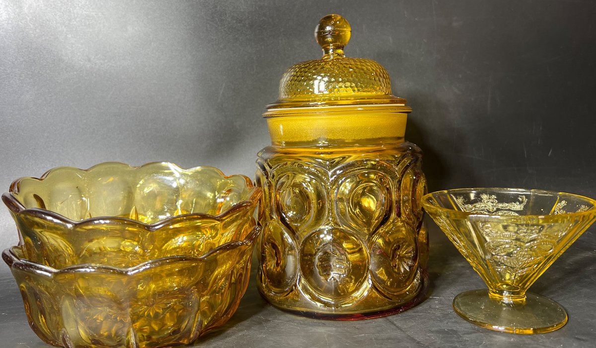 Amber Glass Collection of Lidded Jar, Dessert Dish, and Bowls
