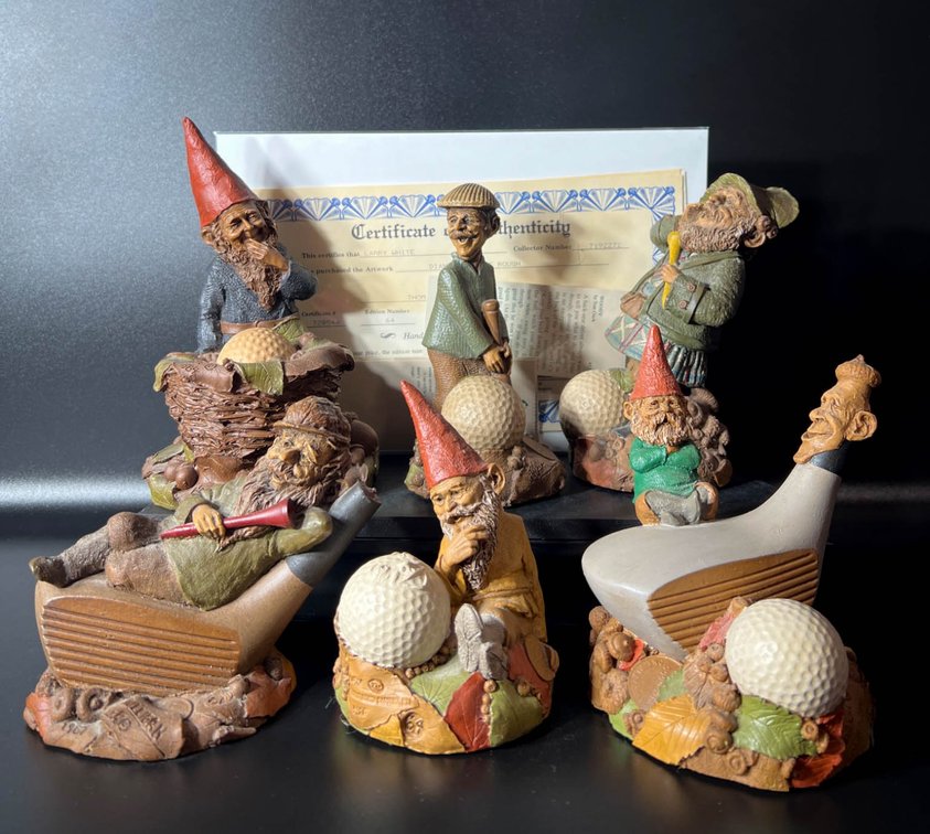 Six Golf-Themed Figurines by T. Clark, Dormie, and Others