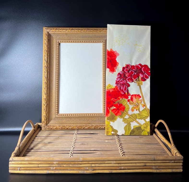 Rattan Tray, Geranium Artwork, and Framed Mirror Set