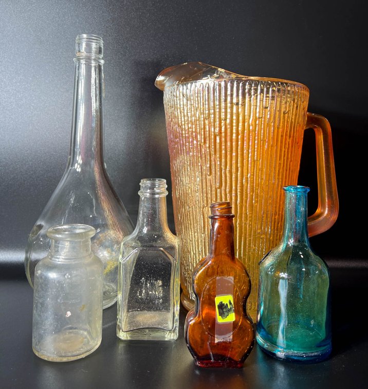 Vintage Pitcher and Assorted Glass Bottles