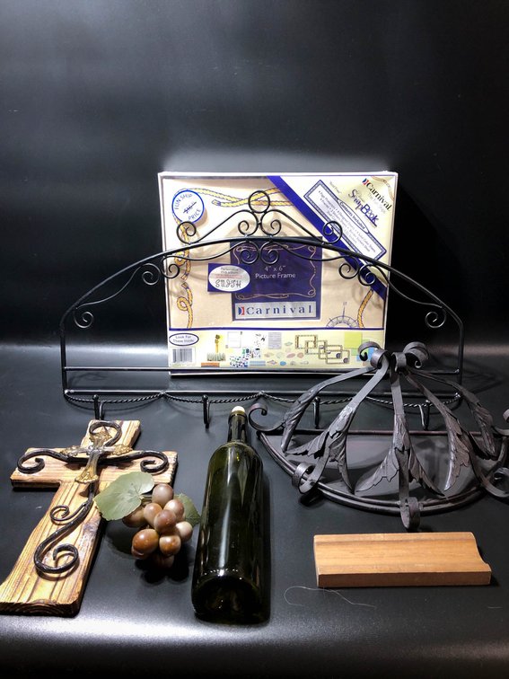 Home Decor Items Including Picture Frame, Cross, and Metal Wall Hangings