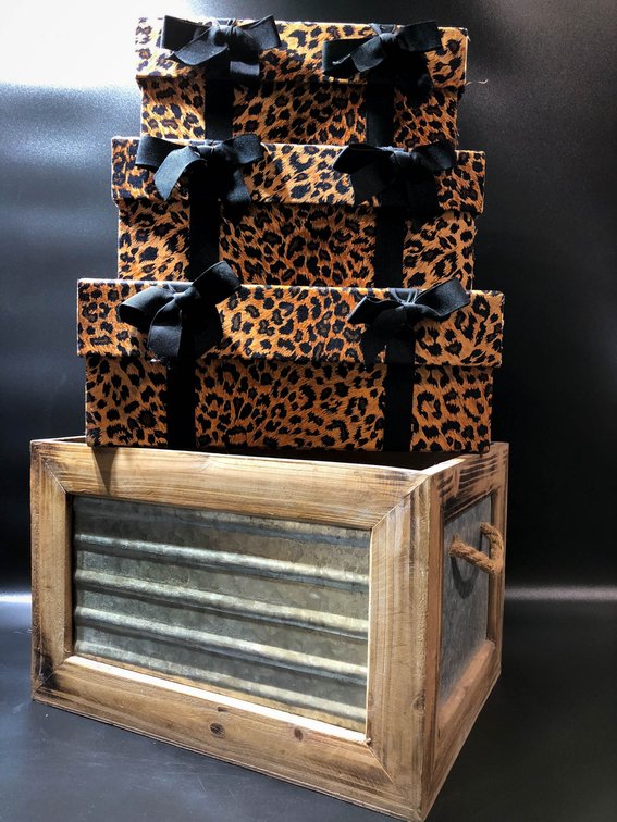 Leopard Print Gift Boxes with Wooden Storage Crate