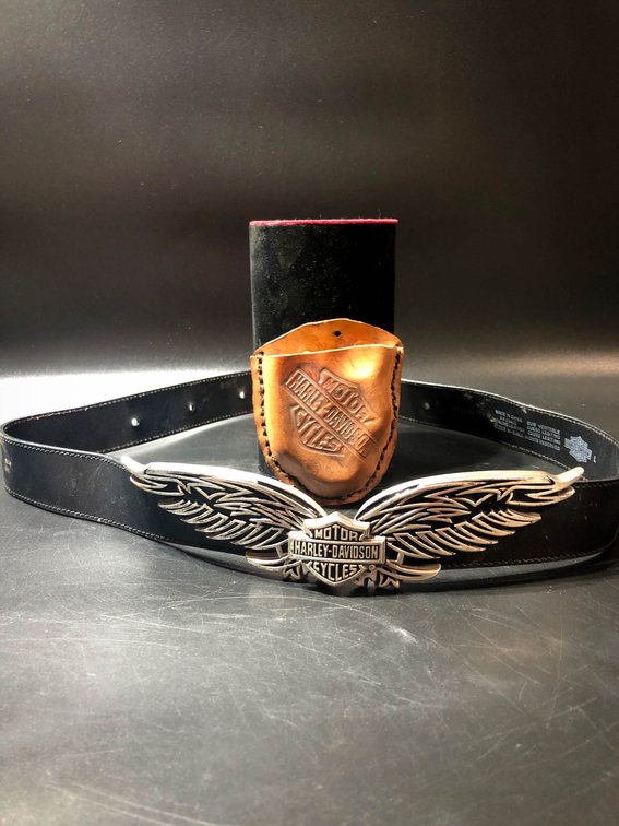 Harley-Davidson Leather Belt with Winged Buckle and Leather Belt Clip