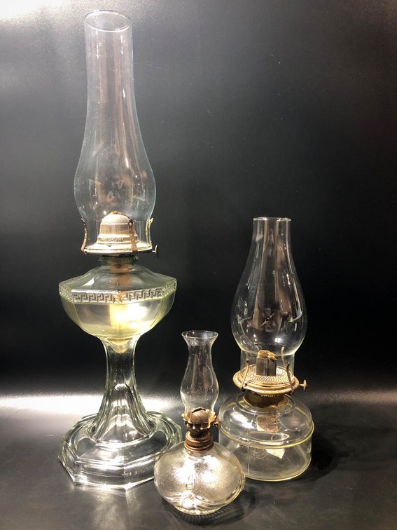3 Vintage Clear Glass Oil Lamps with Chimneys