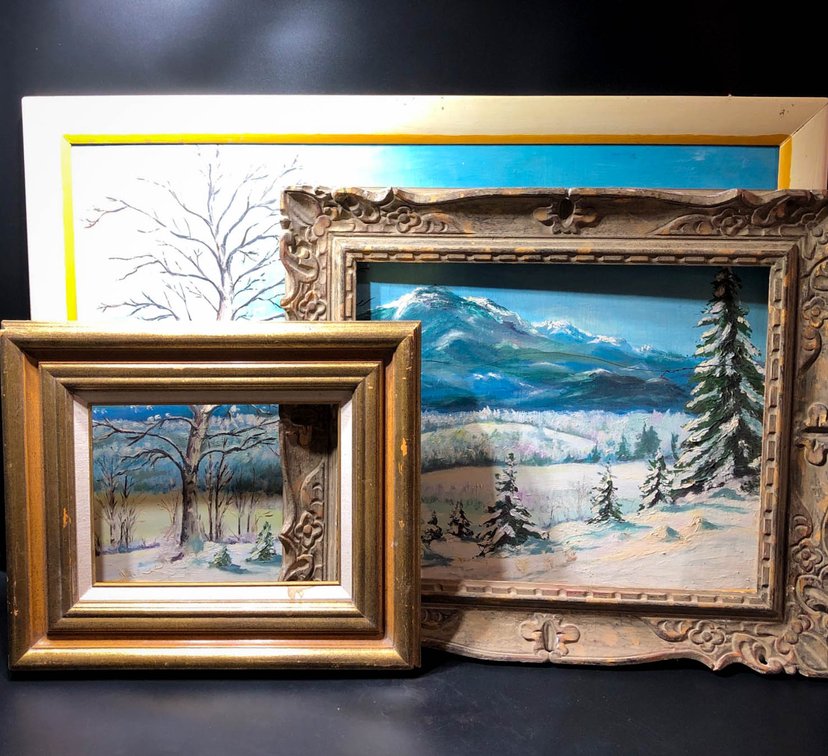 Framed Winter Landscape Oil Painting and Two Wooden Frames