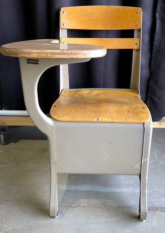 Vintage Metal and Wood School Desk with Attached Writing Surface