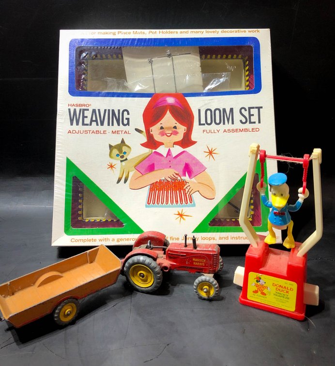 Vintage Lot: Donald Duck Trapeze Toy, Massey Harris Tractor & Trailer, Weaving Loom Set