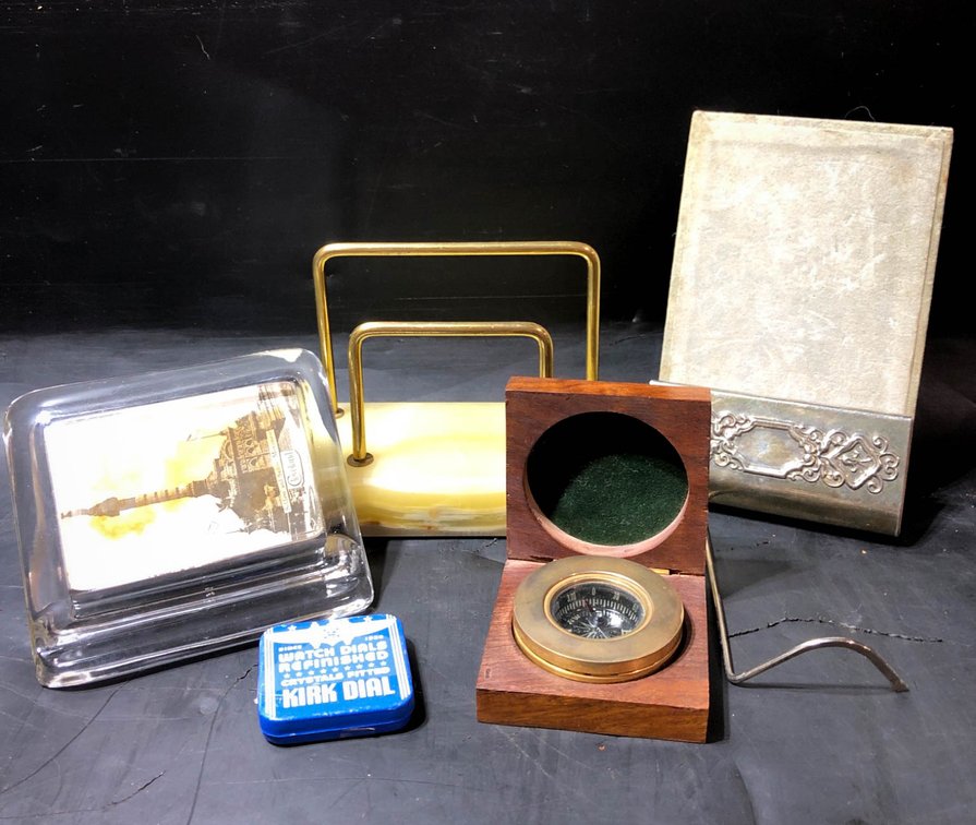 Decorative and Functional Items, Including Compass, Picture Frame, Note Holder, and More
