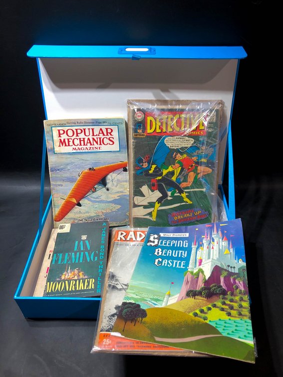 Vintage Books, Magazines, and Comics with Storage Box