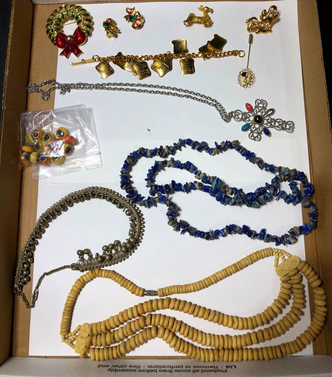 Costume Jewelry Lot with Necklaces, Pins, and Beads