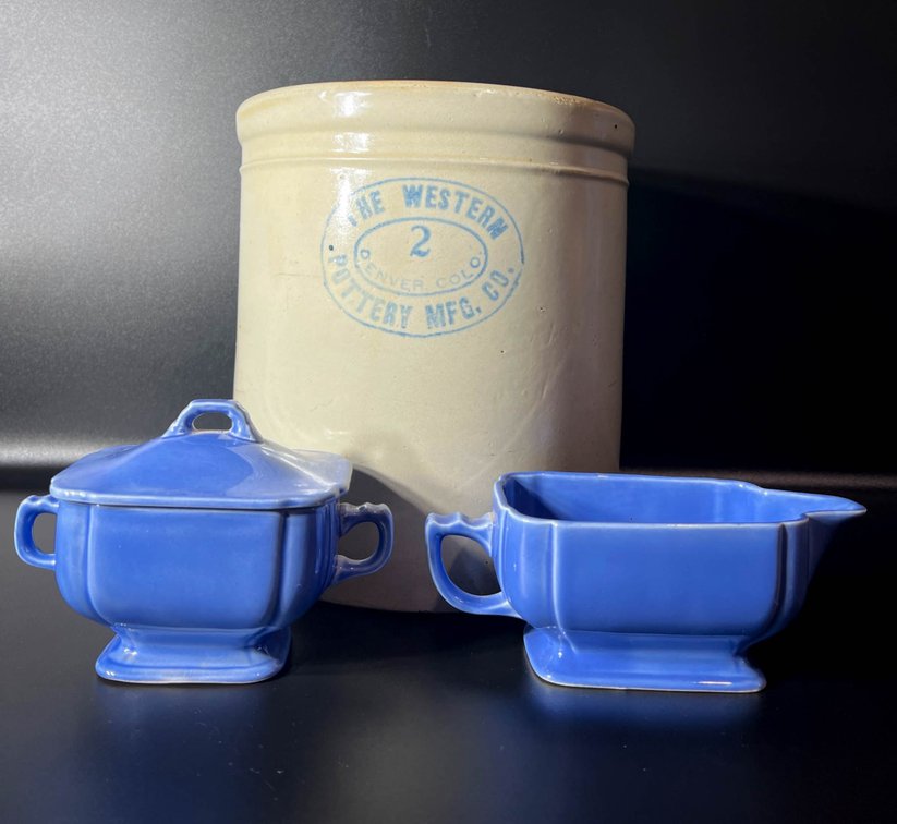 Western Pottery Co. #2 Crock and Two Blue Ceramic Serving Pieces