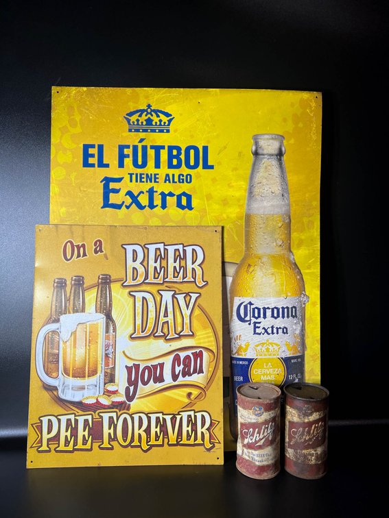 Beer-Themed Signs and Schlitz Beer Cans