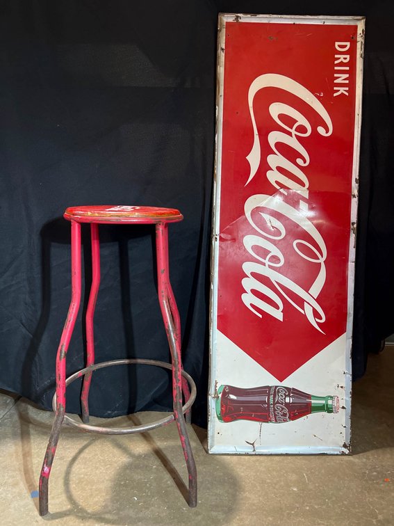 Coca-Cola Metal Sign and Bar Stool