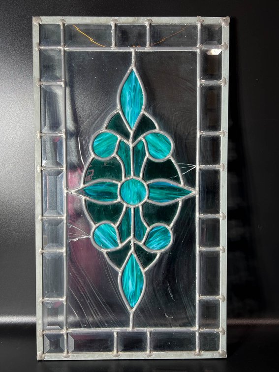 Stained Glass Panel With Blue and Green Floral Design