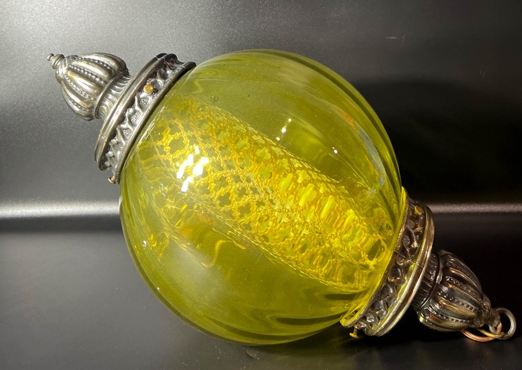 Green Glass Hanging Pendant Light With Ornate Metalwork