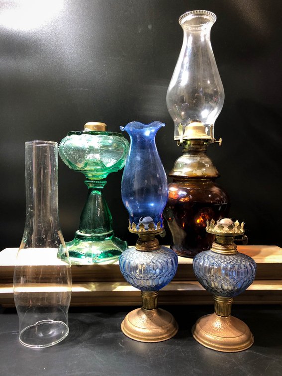 Four Vintage Glass Oil Lamps with Brass Components
