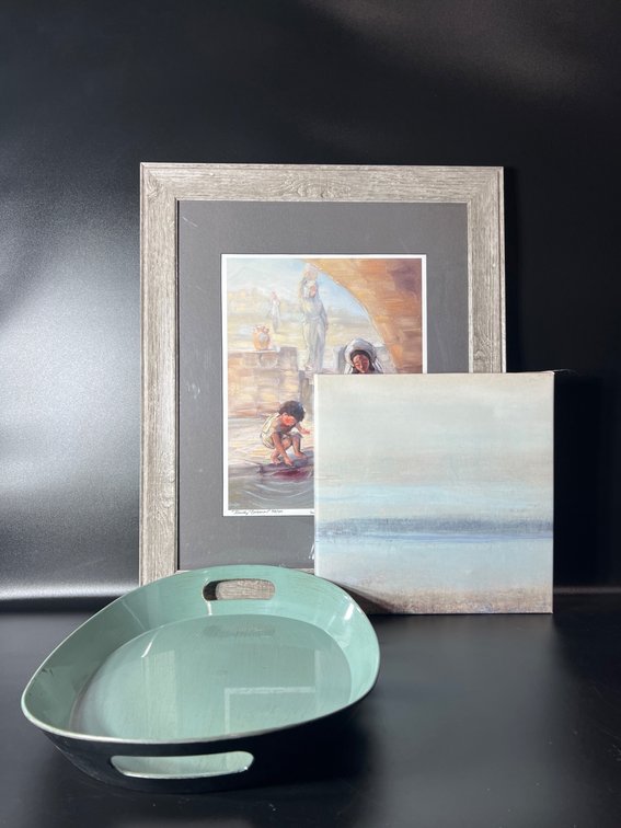 Randy Friemel Signed Artwork, Abstract Canvas, and Decorative Tray Lot