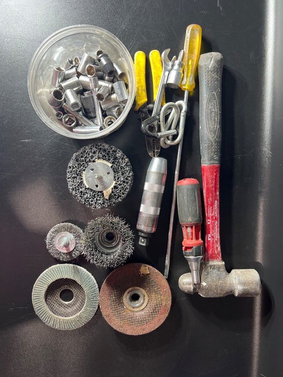 Hand Tools and Abrasive Attachments, Including Hammer, Screwdrivers, Wire Wheels, and Sockets