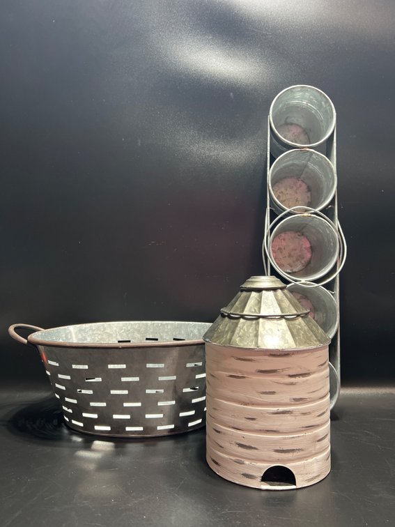 Metal Decorative Items Including Colander, Silo, and Organizer