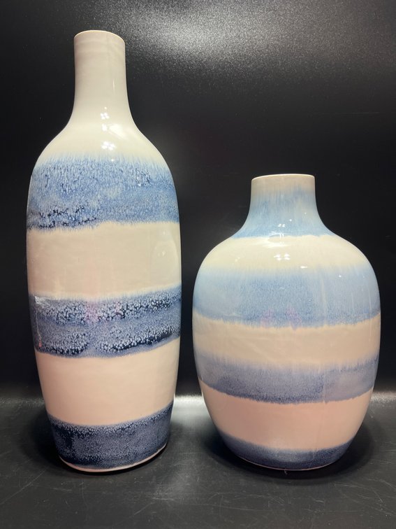 Two Ceramic Vases with Blue and White Horizontal Bands