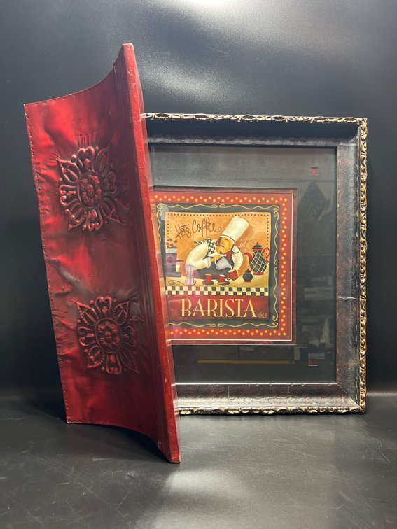 Framed Barista Artwork and Decorative Red Shelf Set
